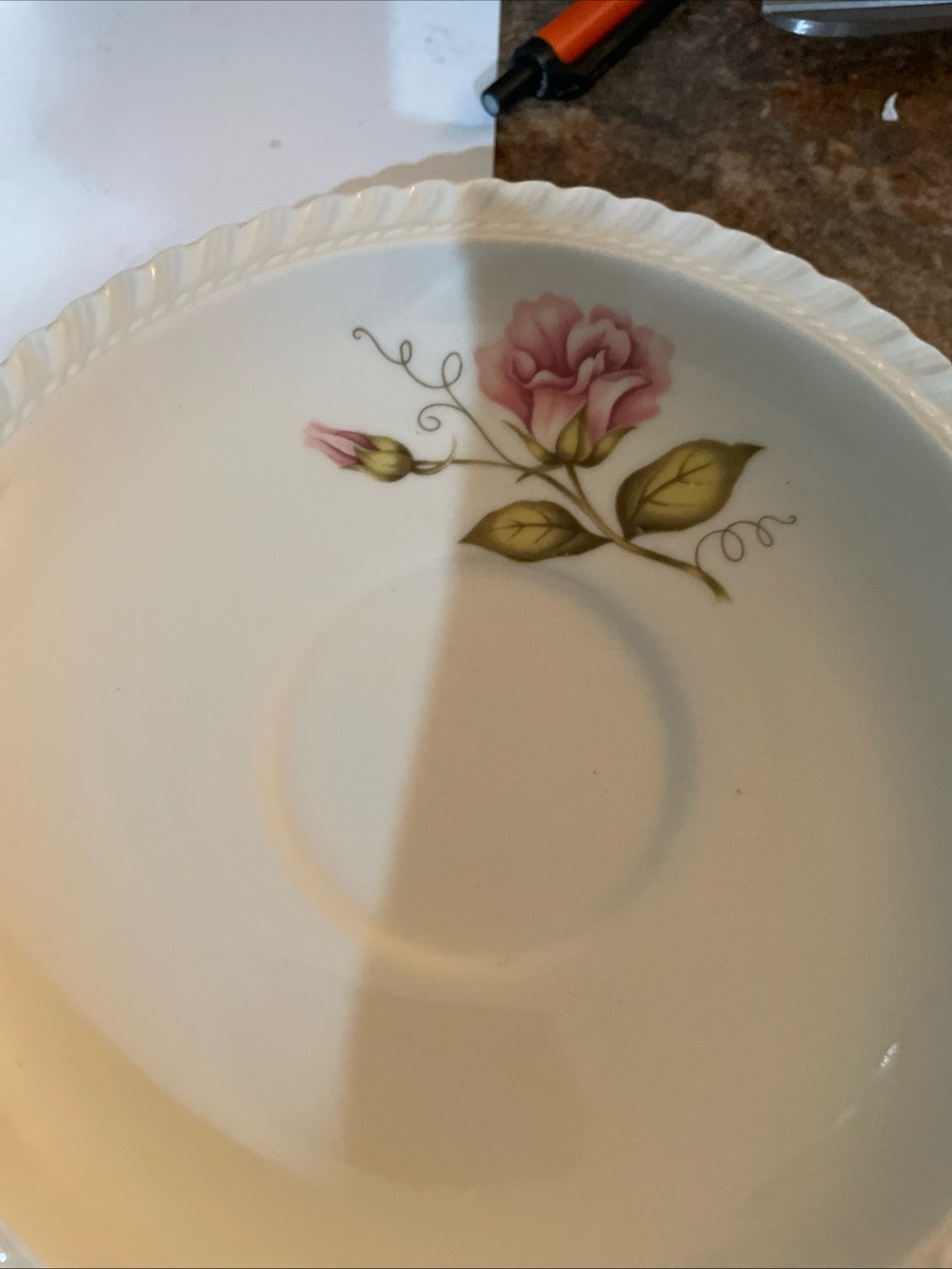 Vintage Harker Translucent China Pink Flower 6" Ivory White Plate Made in USA